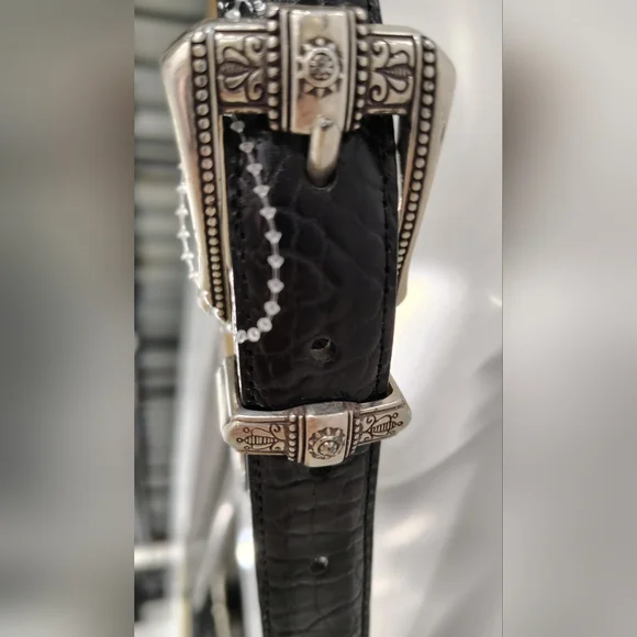 Brighton  Croc-Embossed Leather Belt Ornate Silver BuckleVintage Brighton Wide Black Croc Embossed Leather Belt Chunky Oval  main image 4